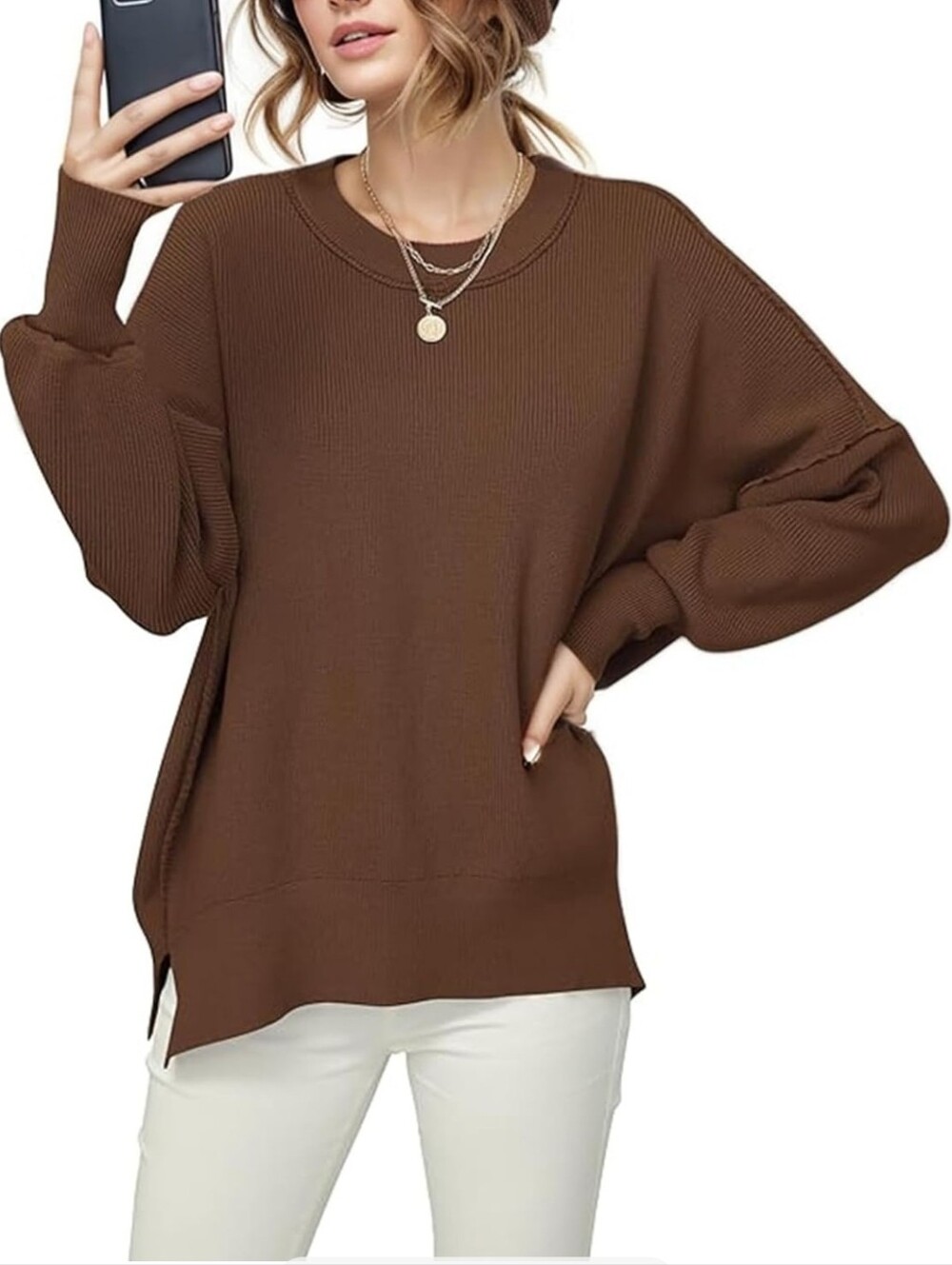 Womens Oversized Pullover Sweaters Batwing Sleeve Crew Neck Side Slit Knit.